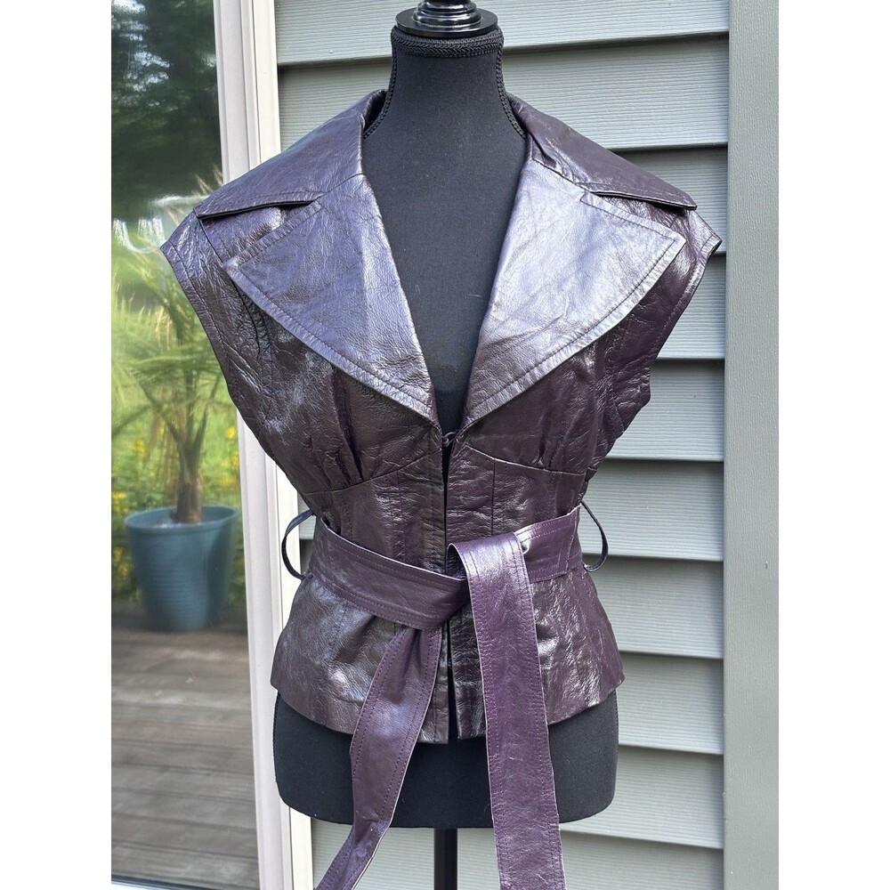 Arden B Y2K 100% Leather Eggplant Purple Corset Vest Medium Belted Cap Sleeve EC - Picture 4 of 9